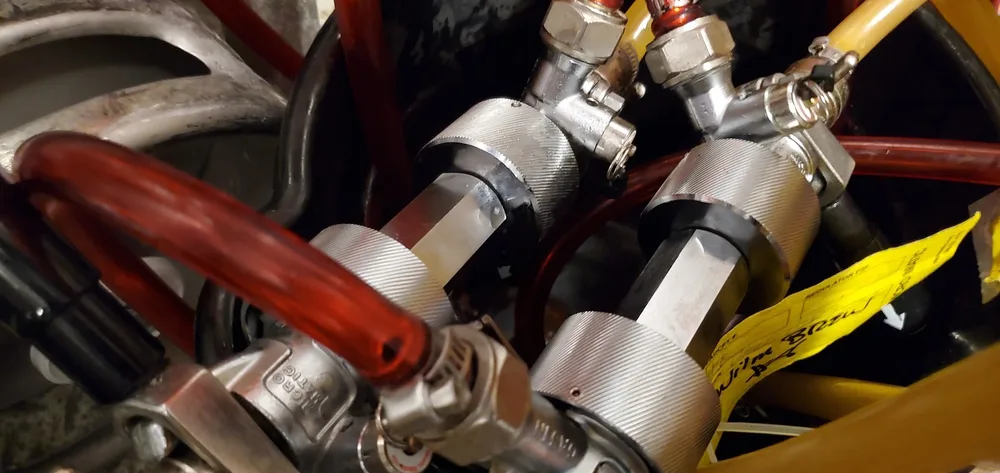 Close-up of keg coupler and draft line hardware